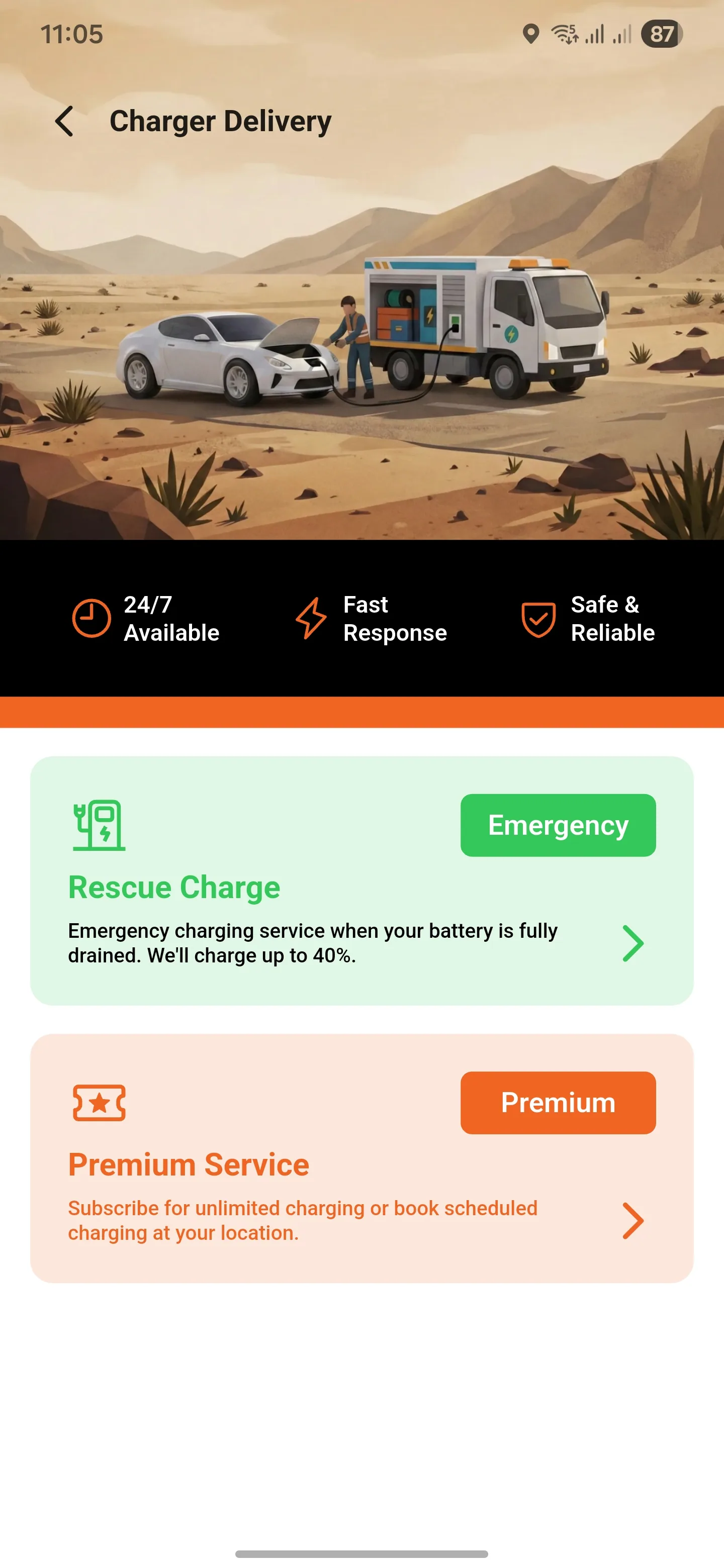 Flash app charger delivery screen showing rescue charge and premium service options
