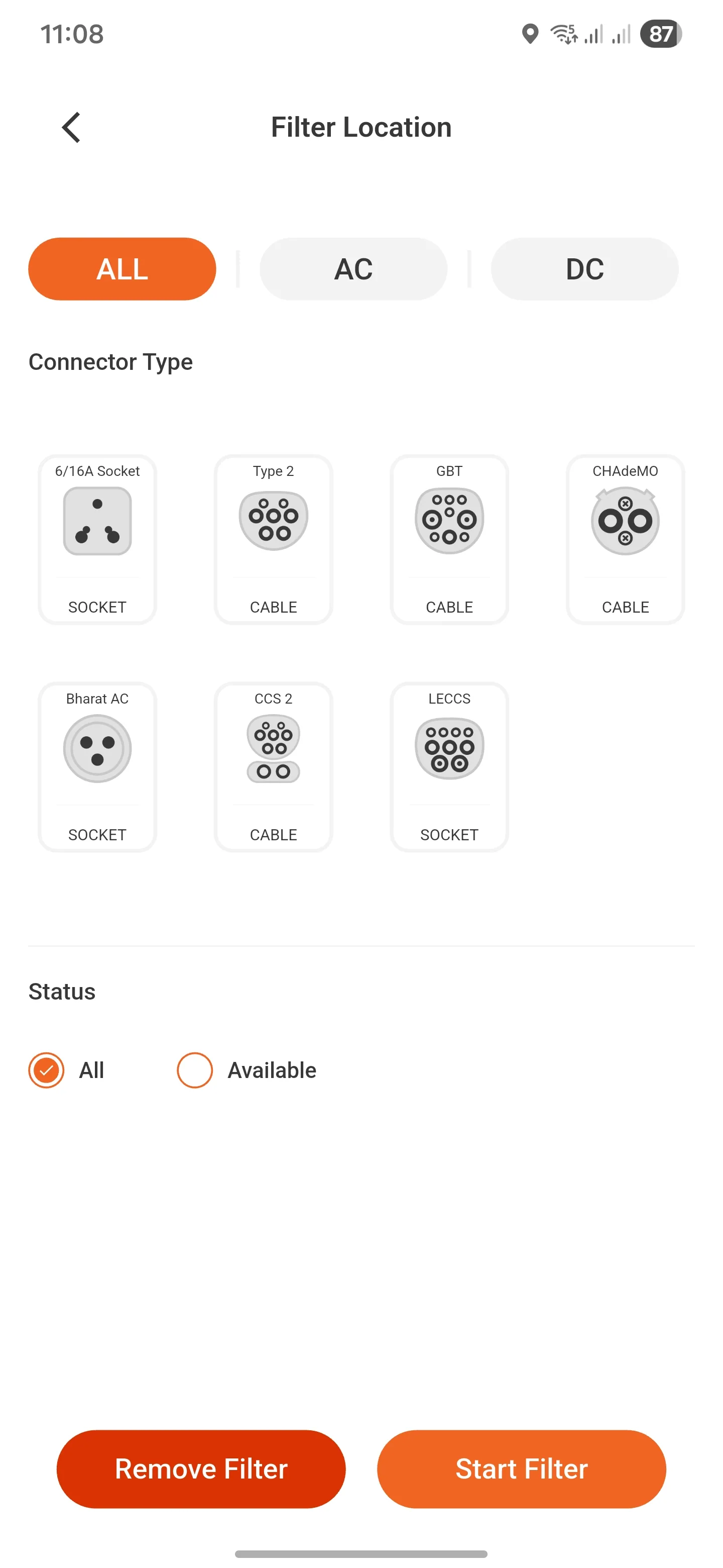 Flash app filter screen showing AC and DC connector options