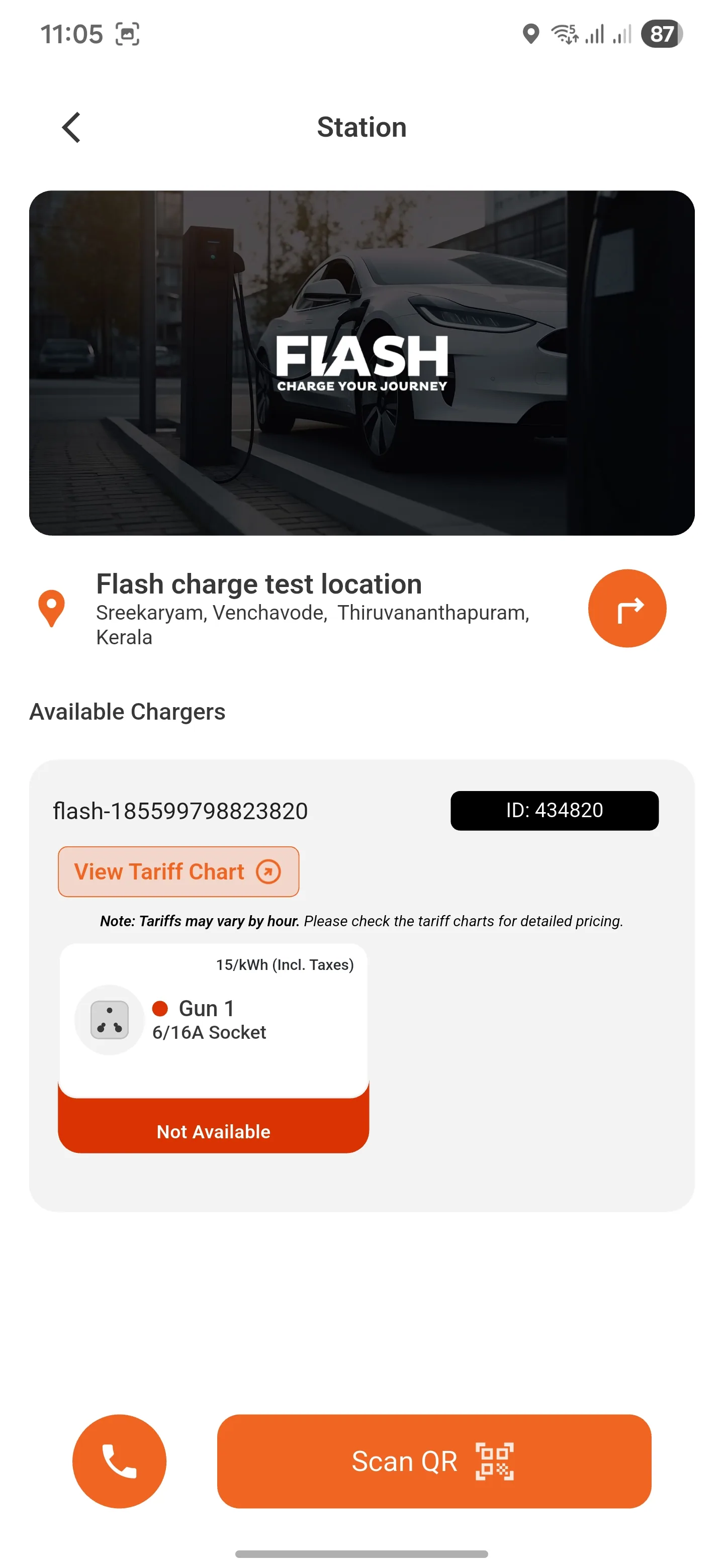 Flash app electric vehicle charging station detail screen