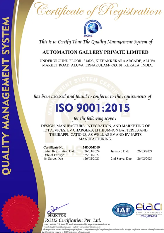 ISO 9001 2015 quality management system certificate for Automation Gallery Private Limited