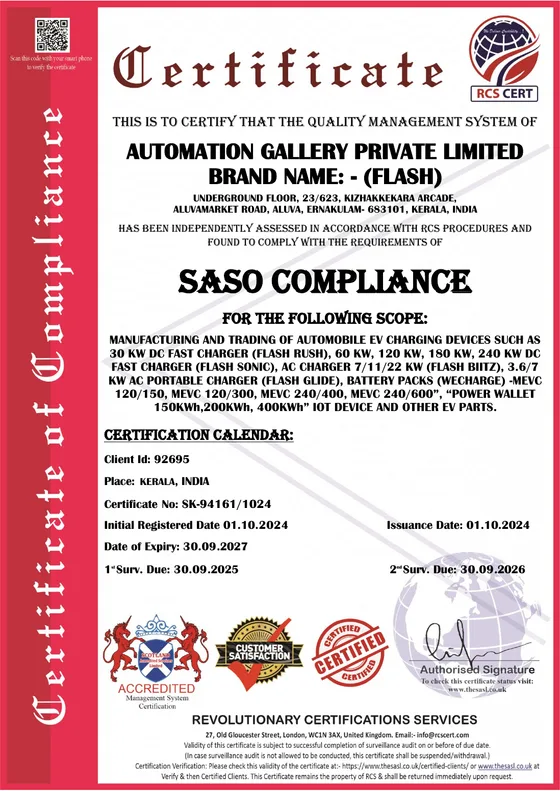 SASO compliance certificate for Automation Gallery Private Limited