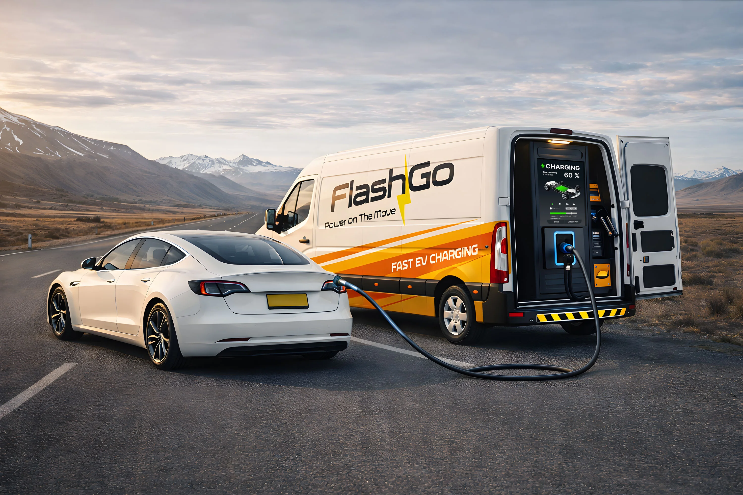 Flash Go mobile EV charging station unit with vehicle-mounted battery system