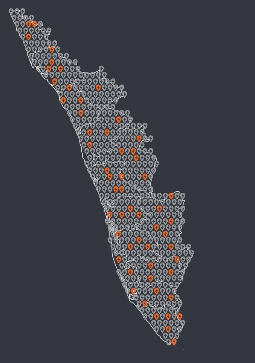 Map of Flash EV charging stations installed and upcoming across Kerala